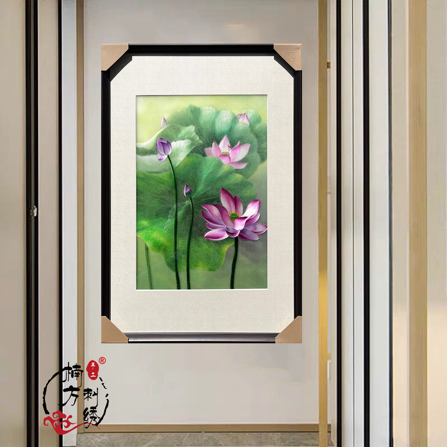 青梧苏州纯手工刺绣清雅荷花玄关餐厅卧室装饰画送礼苏绣成品挂画图片