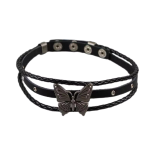 暗黑涩谷蝴蝶皮质双层朋克摇滚choker项圈复古辣妹y2k亚文化项链