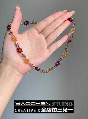 复古森系彩色花朵项链