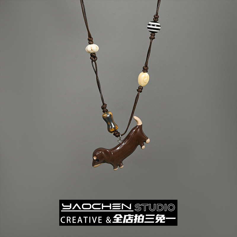 Vintage古着 Dachshund腊肠狗狗项链女可爱小狗吊坠毛衣链配饰品