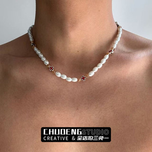 安可拉红十字架珍珠拼接毛衣项链男高级感痞帅锁骨链小众设计颈链