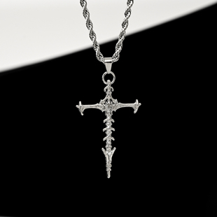 Vintage古着 骸骨十字架吊坠项链男女嘻哈锁骨链个性钛钢毛衣链