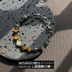 Vintage古着中古小众设计高级感金属拼接钛钢手链男女简约手饰品