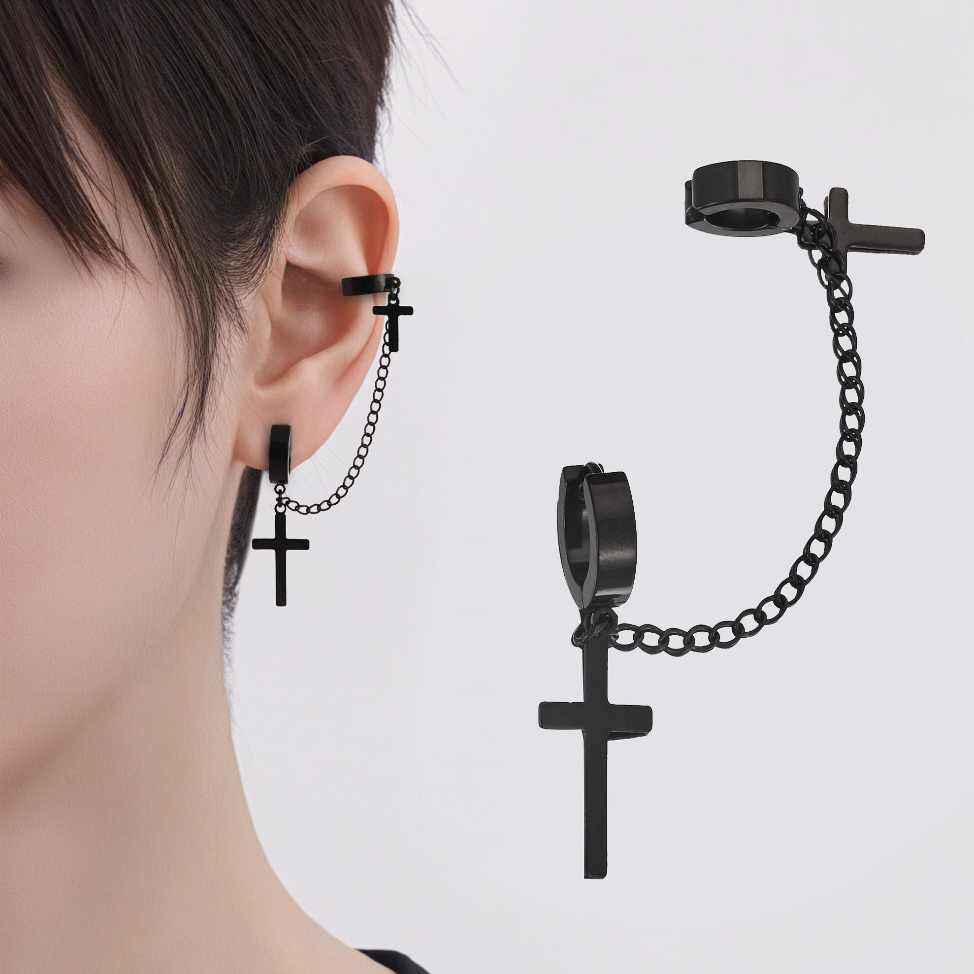 无耳洞双十字架钛钢耳夹男女小众