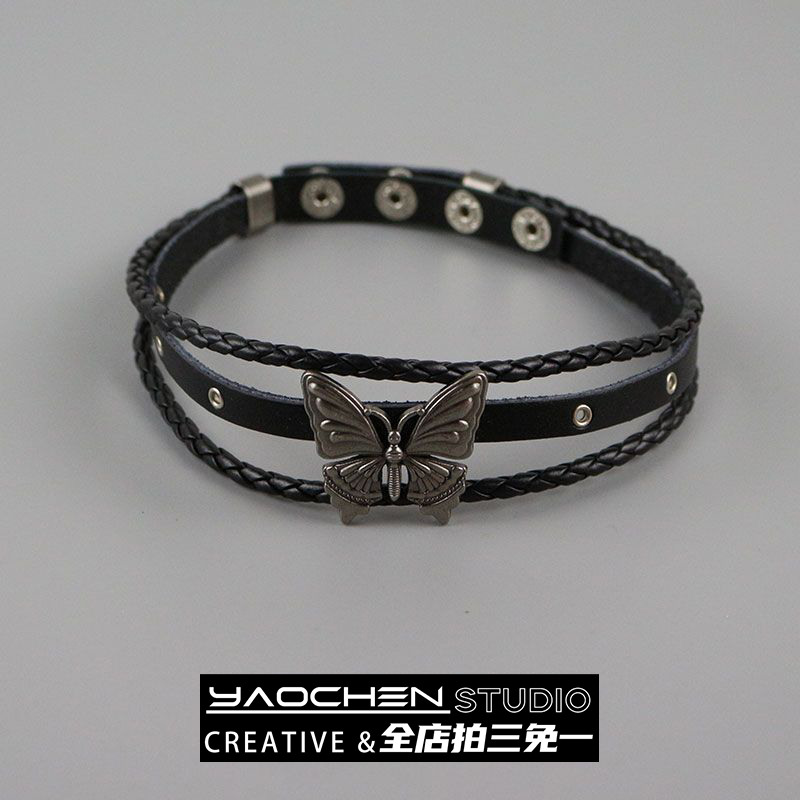 暗黑涩谷蝴蝶皮质双层朋克项链