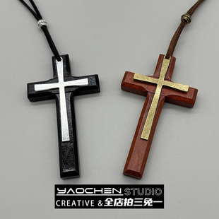 Vintage古着 复古双层木质十字架项链男女小众设计情侣毛衣链配饰