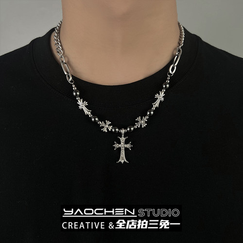 ins十字架珍珠钛钢项链男小众