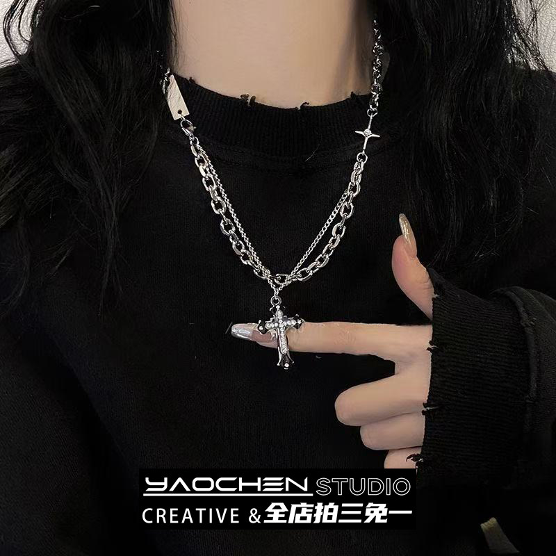 十字架叠戴钛钢项链男女轻奢高级感2025新款小众配饰品辣妹锁骨链 - 耀晨饰品旗舰店出品