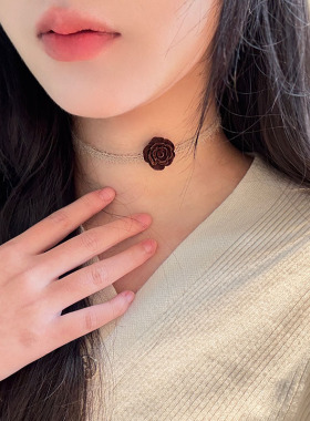 咖色玫瑰花choker颈链项链女款