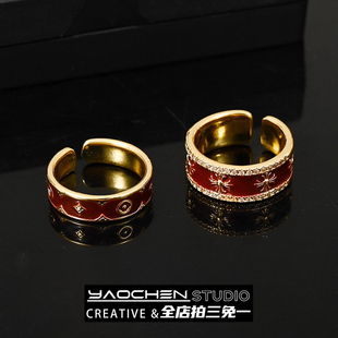 老花酒红金色复古开口戒指小众设计轻奢高级感珐琅开口指环手饰品