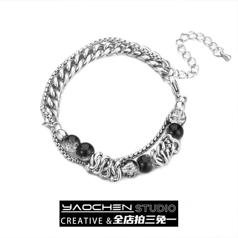 原创钛钢裂纹串珠手链男款街头轻奢小众精致嘻哈高级双层链条手串