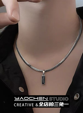 高级感黑色锆石吊坠项链男
