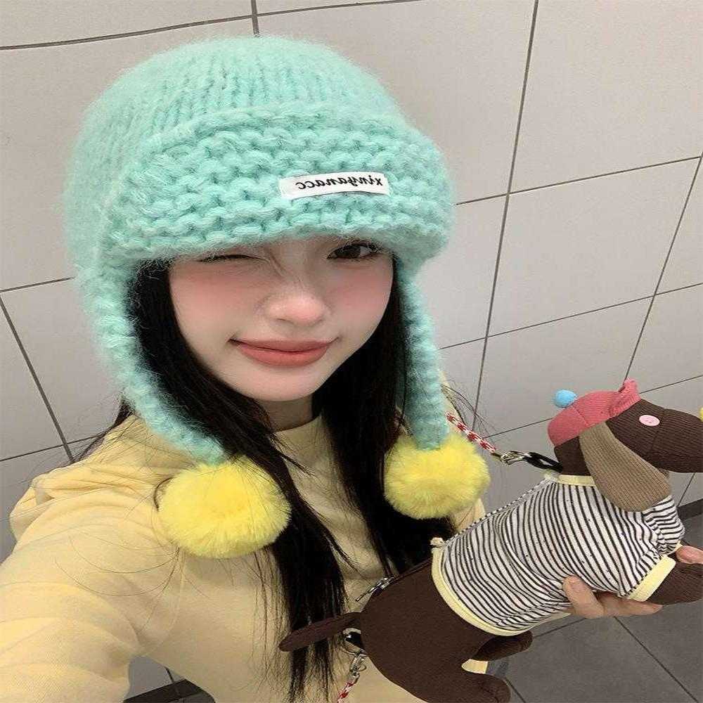 可爱绿色针织毛球护耳帽女秋冬季韩系飞行帽毛线帽保暖雷锋帽子潮