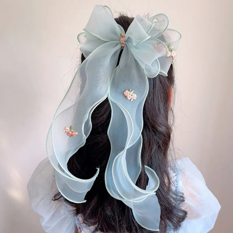 韩版刺绣蝴蝶结发饰公主发卡超仙女孩马尾长飘带头饰儿童编发发夹