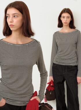 FXN Tsukino海军系列船型领黑白条纹超柔软天丝羊毛打底衫