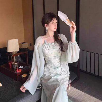 新款中式国风吊带旗袍设计印花气质显瘦连衣裙长裙女夏季薄款简约