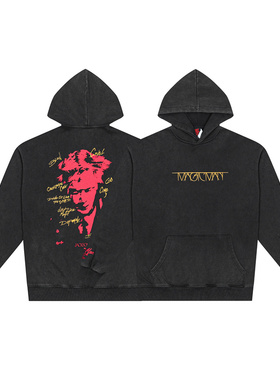 高品质teamwang王嘉尔同款巡演水洗套头连帽印花卫衣纯棉重磅宽松