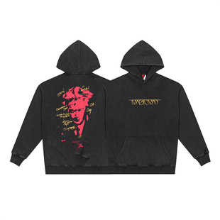 高品质teamwang王嘉尔同款巡演水洗套头连帽印花卫衣纯棉重磅宽松