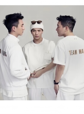 王嘉尔同款TEAMWANG初代印花黄色字母纯棉重磅宽松纯棉短袖夏T恤