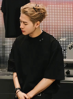 TEAM WANG王嘉尔同款金属圆圈短袖T恤重磅纯棉圆领简约男女半袖