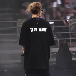 王嘉尔同款TEAMWANG初代反光印花字母纯棉重磅宽松纯棉短袖夏T恤