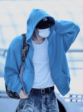 高品质同款比伯蓝色开衫卫衣Skylrk加绒重磅宽松刺绣高克重连帽衫