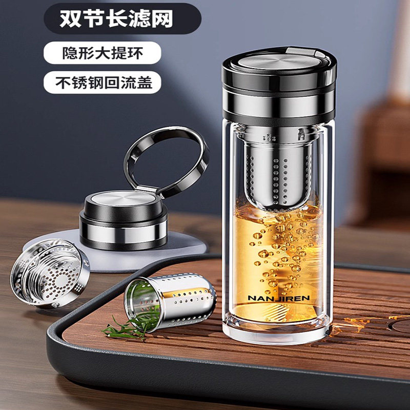 双层玻璃杯男大容量可携式女车载隔热耐高温泡茶杯家用带提手水杯