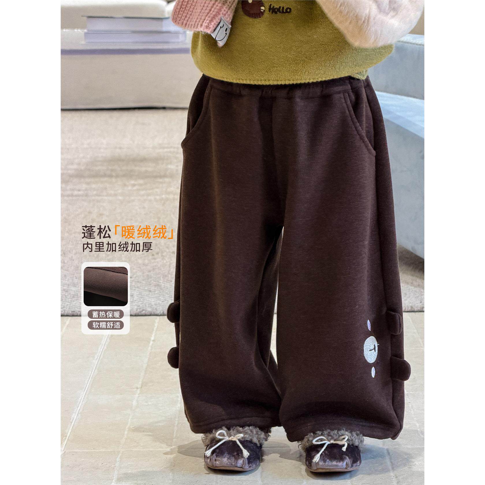 全棉【A类】10.7新款上新）女童裤子冬装加绒休闲洋气卡通儿童阔