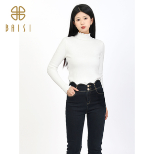 圆领加绒保暖上衣女 2025冬纯色长袖 百丝修身 显瘦半高领打底针织衫