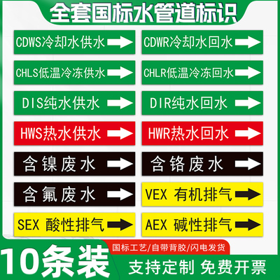 国标水管道标识流向介质CDWR冷却水热水回水高中低区给水排水含镍废水色环箭头反光膜标签化工医院管道定制