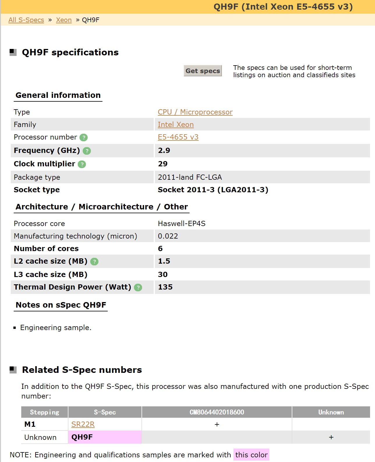 Intel Xeon E5-4655 v3正显 QS QH9F 6C 2.9GHz 30MB LGA2011-3-封面