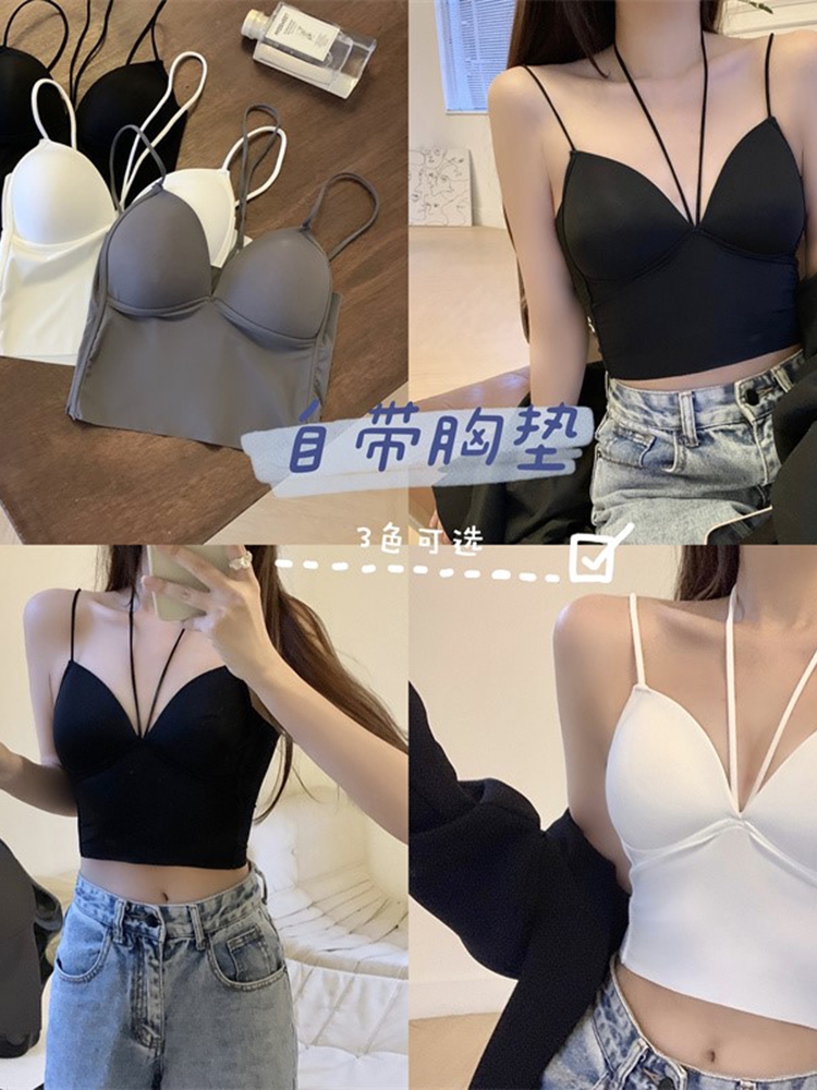 黑色挂脖吊带背心美背外穿女夏季冰丝内衣性感交叉带胸垫内搭上衣
