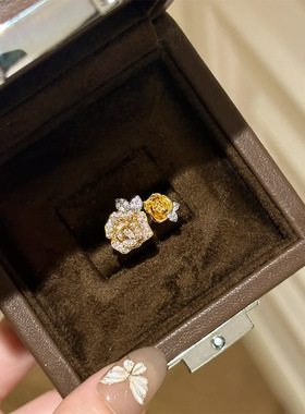 新中式闪钻双生玫瑰花戒指高级感