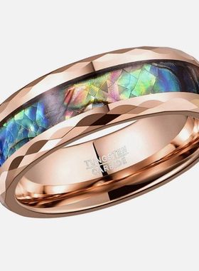 8mm钨金戒指镶嵌彩色天然鲍鱼壳18k玫瑰纯手工批花打磨男女戒指