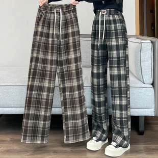 黑色格子窄版阔腿裤女2025新款秋冬季加绒加厚大码胖mm显瘦直筒裤