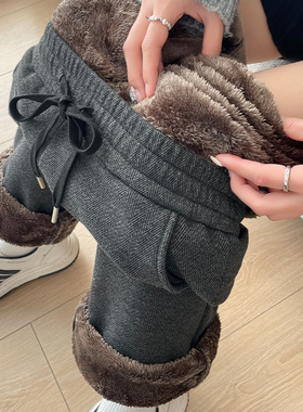 特厚羊羔绒阔腿裤女冬季新款加绒加厚高腰大码裤子胖mm显瘦直筒裤