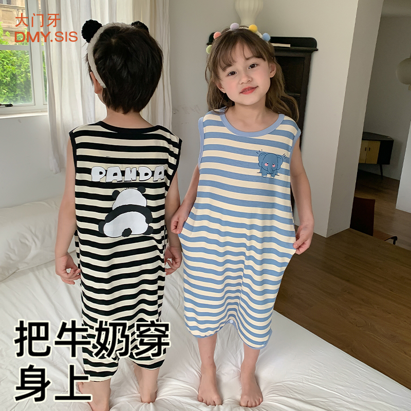 儿童连体睡衣莫代尔夏季条纹睡裙空调服男童莫代尔连体衣无袖睡袍