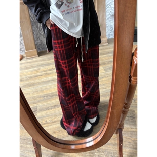 格子裤子加绒糯米裤女加厚新款红色秋冬季直筒裤保暖防风休闲裤