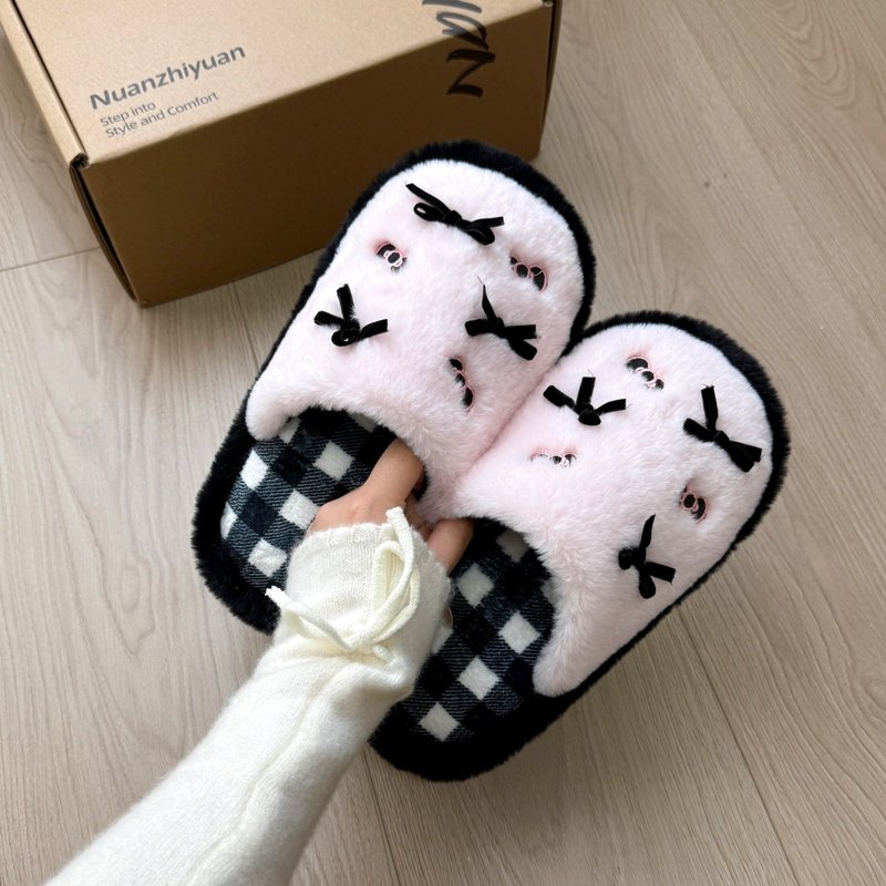 蝴蝶结棉拖鞋女款2025新款冬季保暖室内家居可爱毛绒防滑毛毛拖鞋