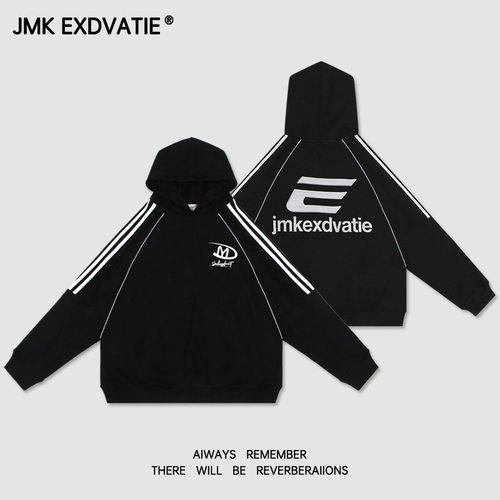 JMK EXDVATIE美式潮牌反光条字母绣花街头宽松日常百搭连帽卫衣男