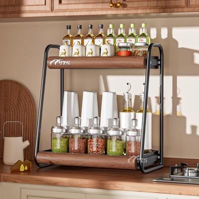 厨房中古风调料品置物架多功能转角厨房台面调味罐调味料瓶收纳层