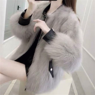 仿狐狸毛短款 爆款 韩版 新款 PU皮拼接海宁大衣潮 皮草外套女2025冬季