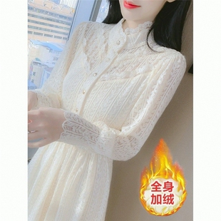 2026年新款冬季连衣裙女仙女长裙配大衣蕾丝打底裙子冬款加厚加绒