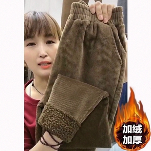 长裤宽松秋妈妈裤子冬裤子萝卜裤休闲加厚女灯芯绒加绒哈伦裤高腰