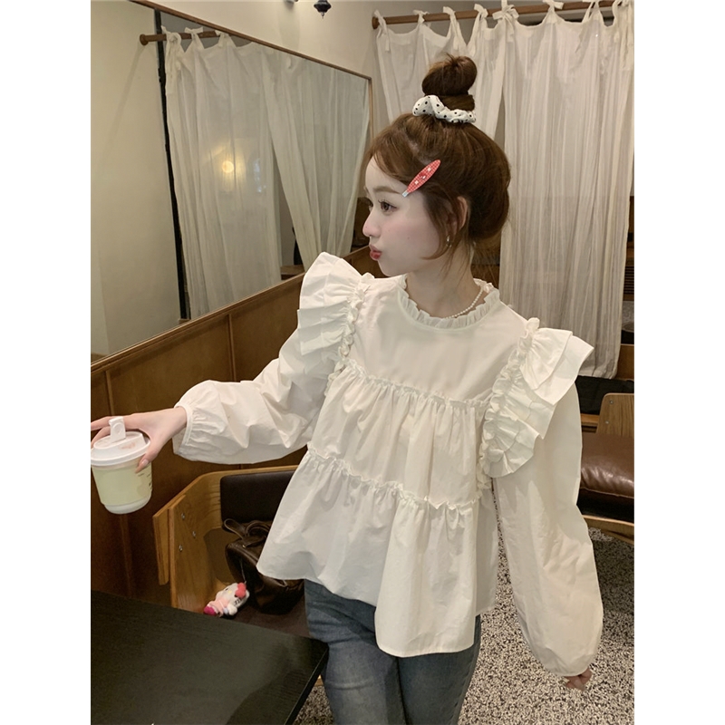 法式气质荷叶边飞飞袖衬衫女春秋新款宽松减龄显瘦娃娃衫长袖上衣