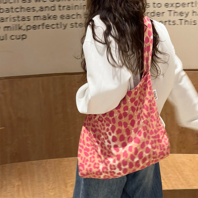 粉色豹纹包包女大学生上课通勤包大容量复古时尚单肩包百搭斜挎包