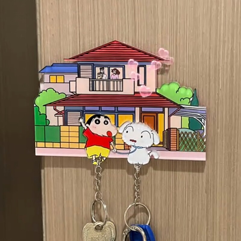 蜡笔小新和小白钥匙扣回家情侣一对卡通小狗挂件房子冰箱贴非磁吸