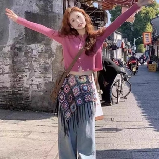 腰封裙帘爆款民族风浴火之路赵丽颖同款黑色手钩花三角巾个性时髦