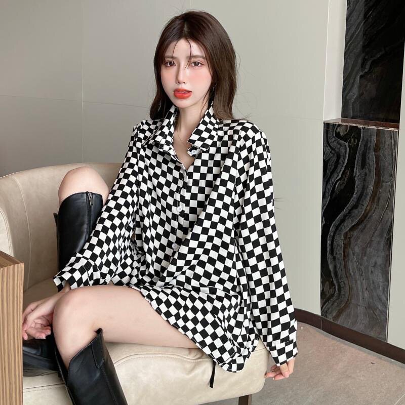黑白棋盘格上衣女2023年春季新款设计感小众法式气质长袖衬衫外套