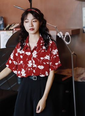 红色印花雪纺衫女复古港风2023夏季碎花宽松显瘦港味短袖衬衫上衣